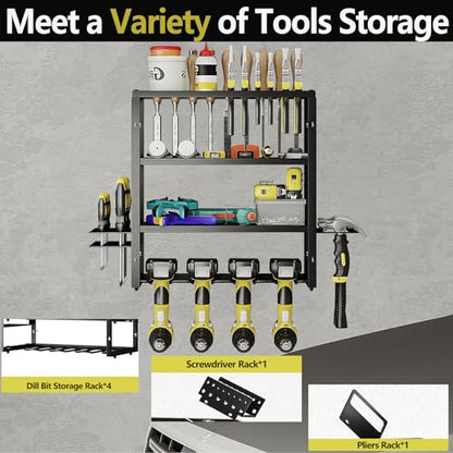 Power Tool Organizer Heavy Duty Wall Mount Drill Tools Holder (Black / 4 Slots 3Layers)