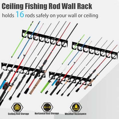 Wall Mounted Fishing Rod Rack Holder Ceiling Storage Hook Hanger Display Metal Horizontal Rack Oranizer Poles Steel Racks Holds up to 16 Rods with Soft Protective Pad for Garage Cabin and Basement (Store 16 Rod)