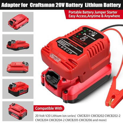 Jump Starter Adapter for Craftsman 20V V20 Battery with Jumper Cable Clamps Portable Car Charger Jump Starter (For Craftsman)