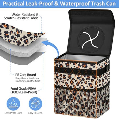 Leak Proof Car Trash Can with Lid Leopard Print (Leopard Print / 2 Gallons)