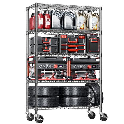 5 Tier Adjustable Heavy Duty Steel Wire Shelving Unit with Wheels (5 Tier, 17.7" D x 47.2" W x 76.7" H / Black)