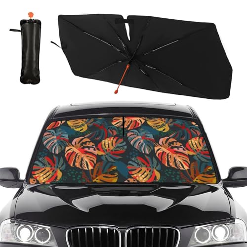 Tropical Car Windshield Sunshade Umbrella Palm Tree Sun Shade Umbrella for Car Foldable Windshield Umbrella Block UV Rays Heat Keep Vehicle Cool for Cars SUV 57"x30" (Tropical red)
