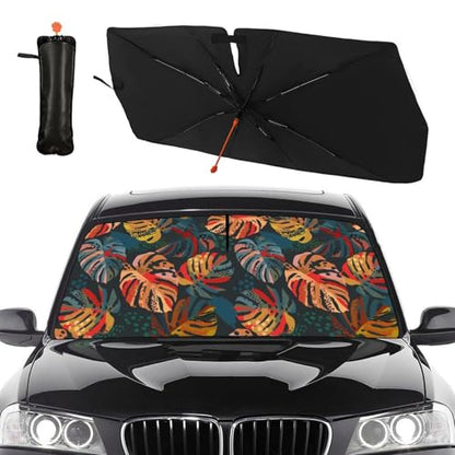 Tropical Car Windshield Sunshade Umbrella Palm Tree Sun Shade Umbrella for Car Foldable Windshield Umbrella Block UV Rays Heat Keep Vehicle Cool for Cars SUV 57"x30" (Tropical red)