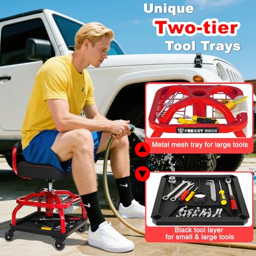 Rolling Shop Stool with Wheels (Red)