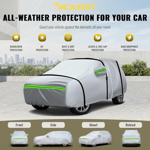 6 Layers Premium Full Car Cover Hard Shell Zipper Design Waterproof All Weather Weatherproof UV Sun Protection Snow Dust Storm Resistant Outdoor with Straps (Green reflective strip / SUV-XL ( Fit for SUV 191"- 200" ))