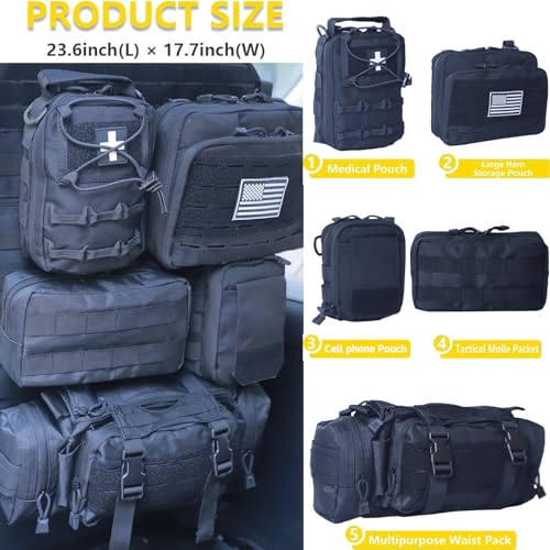 Universal Tactical Seat Back Organizer Vehicle Molle Panel Organizer Storage Bag with 5 Detachable Molle Pouch for All Vehicel Such as Jeep (Upgraded-C-Black)
