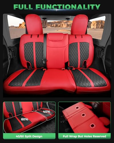 for Jeep Wrangler Leather Custom Car Seat Covers Full Set 4 Door (Red & Black / JL 18-26 4Door Without Rear Cup Holder)