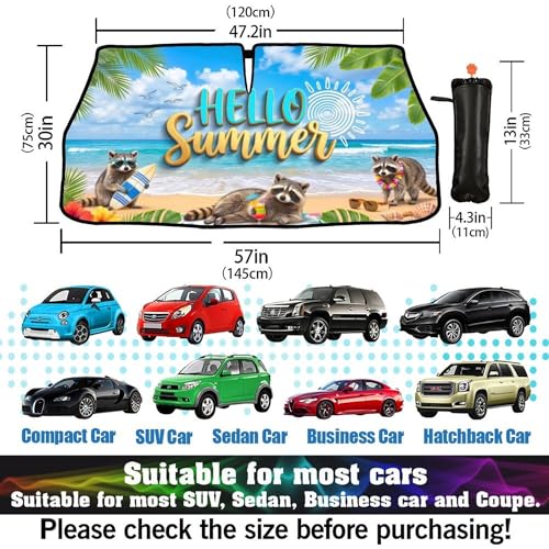 Funny Raccoon Car Windshield Sun Shade Umbrella Hawaiian Raccoon Car Sun Shade Umbrella Block UV Rays Heat Foldable Windshield Umbrella Sun Visor Protector (Racc-1)