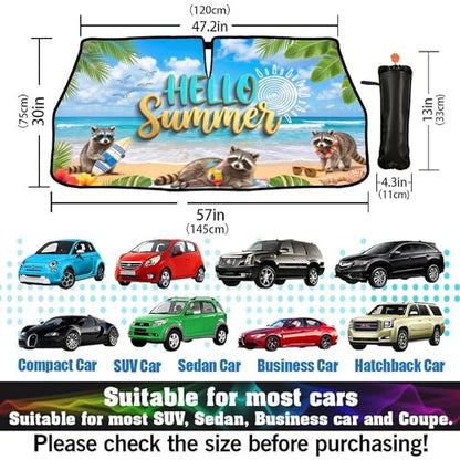 Funny Raccoon Car Windshield Sun Shade Umbrella Hawaiian Raccoon Car Sun Shade Umbrella Block UV Rays Heat Foldable Windshield Umbrella Sun Visor Protector (Racc-1)