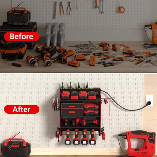 Power Tool Organizer Wall Mount with Charging Station (Red,Black / 4 Layer)