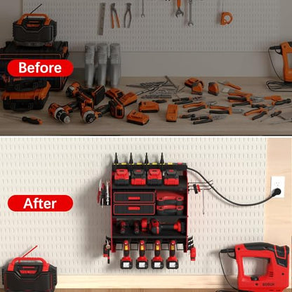 Power Tool Organizer Wall Mount with Charging Station (Red,Black / 4 Layer)