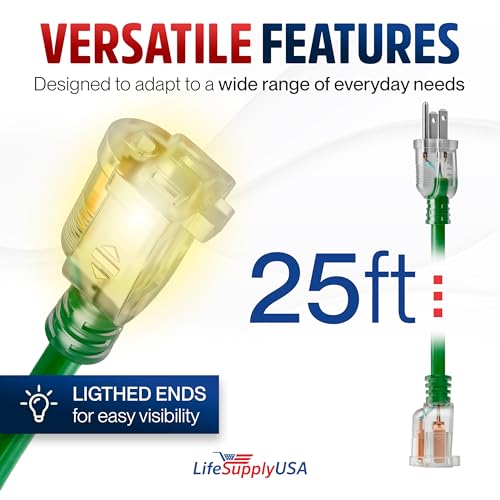 25ft Outdoor Indoor Extension Cord 12 (25 FT / 12AWG / Green)