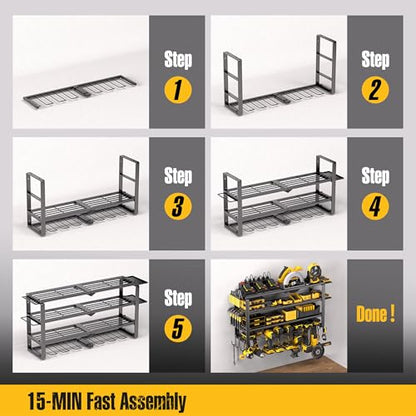 420LB Capacity Power Tool Organizer with Charging Station & 6 Outlets (4 shelves 8 slots (single) with power strip)
