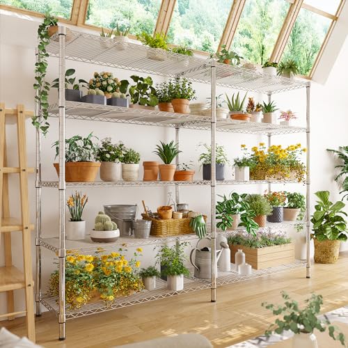 58" W Storage Shelves Wire Shelving 1400LB Metal Shelves for 5 Tier Shelving Unit with Shelf Adjustable Garage Shelving Rack for Pantry Kitchen Garage (Chrome-13.8"D x 58"W x 59"H-5 Tier)