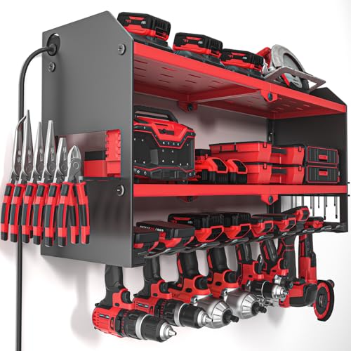 Power Tool Organizer with Charging Station Wall Mount (with Power Strip / Red)