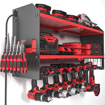 Power Tool Organizer with Charging Station Wall Mount (with Power Strip / Red)
