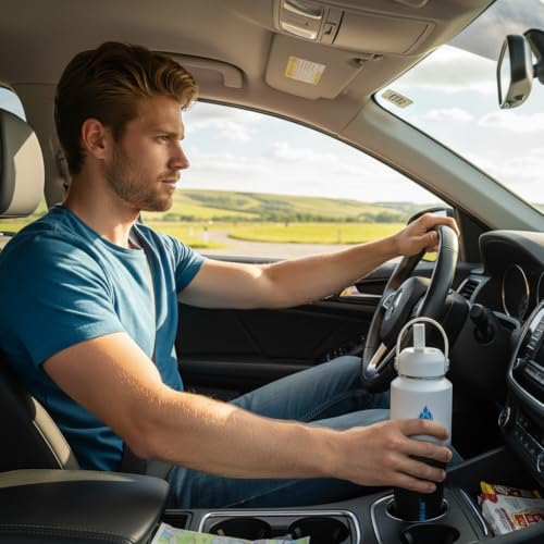32oz Water Bottle Wide Mouth Stainless Steel Vacuum Insulated Double Wall with 2 Straw Lids Fit in Any Car Cup Holder (Day&Night / 32 Ounces)