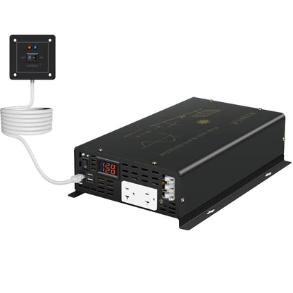 Pure Sine Wave Power Inverter 3000W 12VDC to 120VAC 6000W Peak Dual AC Outlets &2× 2.4A USB Port &Hardwire Terminal with 16ft Remote Conrtol Off (3000W12V)
