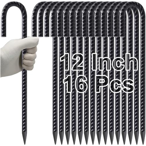 Rebar Stakes 12 Inch J Hook Heavy Duty Tent Stakes for Wire Fencing (J-12 Inch-16 Pcs / J-12 Inch-Φ5/16"-Black)