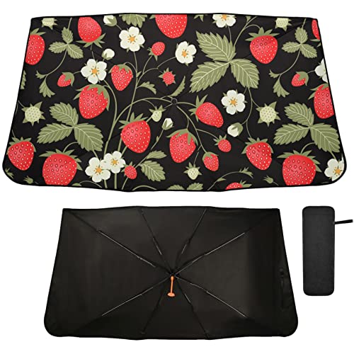 Strawberry Windshield Sun Shade Umbrella Fruit Flowers Leaves Foldable Car Front Window Sunshade Blocks UV Rays Heat Keep Vehicle Cool (multi 16)