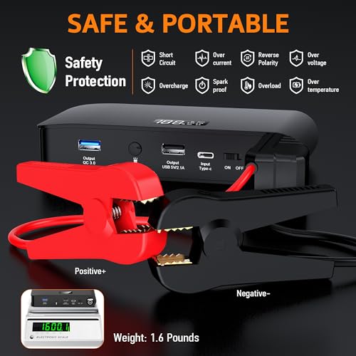 4000A 12V Car Battery Jump Starter 16000mAh for Car Boat Lawnmower (16000mAh-Black)