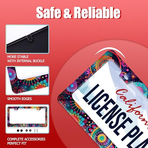 Fantasy Colorful Mandala License Plate Frame Boho Flowers License Plate Holder Funny Personalise Car Stainless Stee Decorative Parts for Standard Us Canada Vehicles 12x6 Inch for Women Men (Fantasy Colorful Flowers)