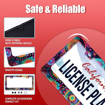 Fantasy Colorful Mandala License Plate Frame Boho Flowers License Plate Holder Funny Personalise Car Stainless Stee Decorative Parts for Standard Us Canada Vehicles 12x6 Inch for Women Men (Fantasy Colorful Flowers)