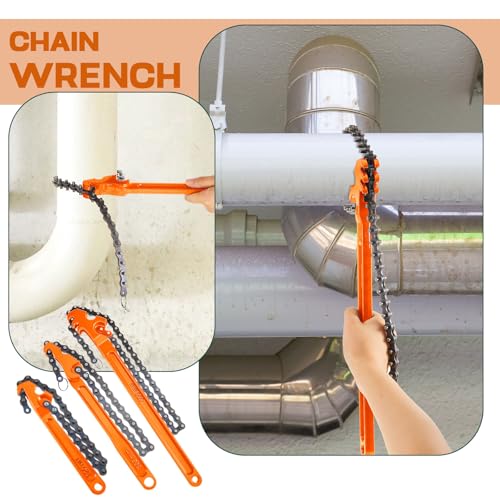 3 Pcs Large Reversible Chain Oil Filter Wrench with 12 16 9 Inch Chain Wrench Adjustable Heavy Duty Carbon Steel Sturdy Pipe Fitting Tool Spanner for Ratcheting Universal (Orange)