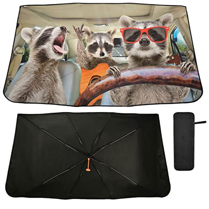 Funny Raccoon Driving Windshield Sun Shade Umbrella Animal Foldable Car Front Window Sunshade Blocks UV Rays Heat Keep Vehicle Cool (multi 5)