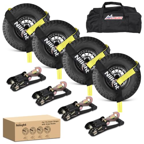 Tire Tie Down Straps 2" x 120" with Snap Hooks 4Pack Heavy Duty Adjustable Wheel Straps for Hauling UTV (4Pcs 2in x 10ft Straps with Snap Hooks)