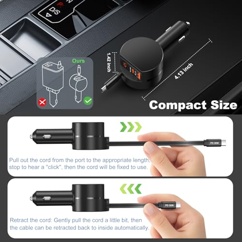 78W 3 Port Car Charger with Retractable USB (Black - 2Pack)