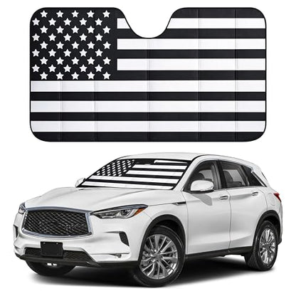 Accordion Car Windshield Sun Shade American Flag Design (Large-B/W)