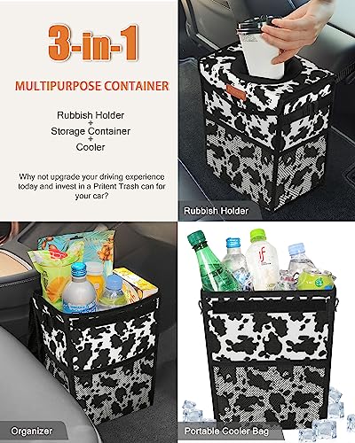 Car Trash Can with Lid Leakproof Car Garbage Bag Vehicle Trash Bin (2 Gallons / Cow Print)