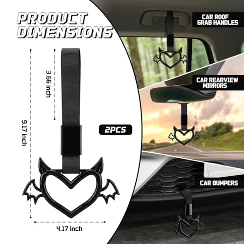 2 Pcs Devil Heart Shaped Car Handle Strap (Black-Wing)