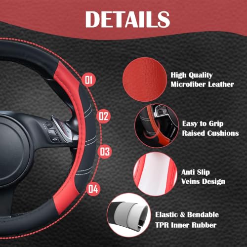 Line Rider Microfiber Leather Sporty Steering Wheel Cover Universal Fits for 95% Truck (Black＆Red / Standard[14.5"-15"])