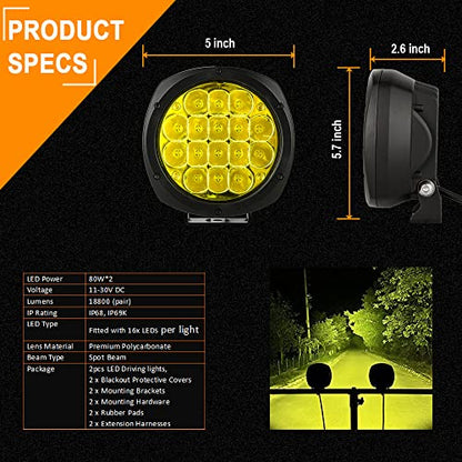 5 Inch Pair 160W Amber Round LED Offroad Lights 18800LM Amber Yellow OffRoad Lights Super Bright Amber Driving lights Fog Lights Waterproof IP68 Light Bar for Trucks Pickup 4x4 SUV ATV UTV (Amber / 5Inch)