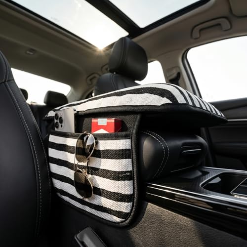 Animal Print Car Center Console Armrest Cover with 2 Side Pockets (Zebra Print)