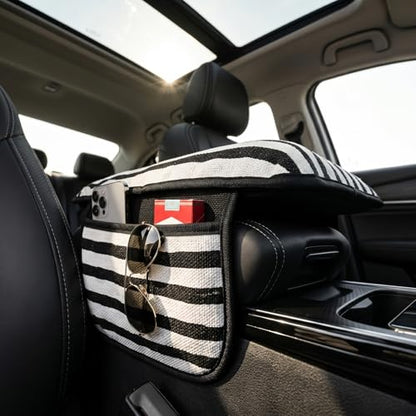 Animal Print Car Center Console Armrest Cover with 2 Side Pockets (Zebra Print)