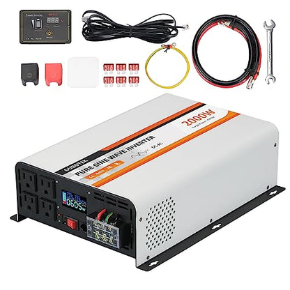 2000W Pure Sine Wave Inverter 12V DC to 120V AC Converter for Vehicles Boat Camping Outdoor Solar System (2000W-Wired / 12V)