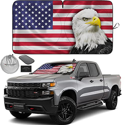 1 Piece Windshield Sun Shade New American Eagle Flag USA Patriotic Design (USA EAGLE FLAG / LARGE = 64 x 33.5 inches)