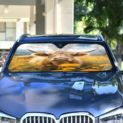 Car Windshield Sun Shade Cattle Cow Yellow Daisy Flower Field Foldable Car Front Windshield Sunshade Blocks UV Rays Sun Visor Sun Heat Protection for Car Truck SUV to Keep Your Vehicle Cool (Small / Cattle Cow)