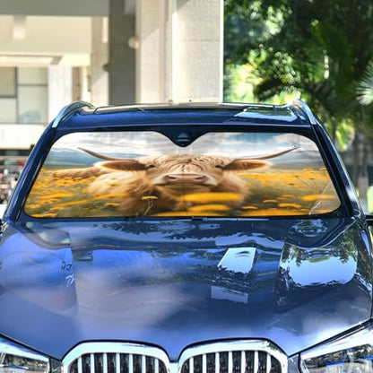 Car Windshield Sun Shade Cattle Cow Yellow Daisy Flower Field Foldable Car Front Windshield Sunshade Blocks UV Rays Sun Visor Sun Heat Protection for Car Truck SUV to Keep Your Vehicle Cool (Small / Cattle Cow)