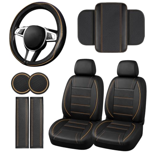 10 PCS Leather Car Seat Covers Front Seats Set (Steering Wheel Cover Set / Black and beige)