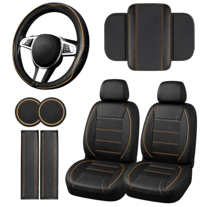 10 PCS Leather Car Seat Covers Front Seats Set (Steering Wheel Cover Set / Black and beige)