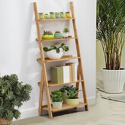 Bamboo Ladder Shelf Bookcase (5 Tier / Natural)