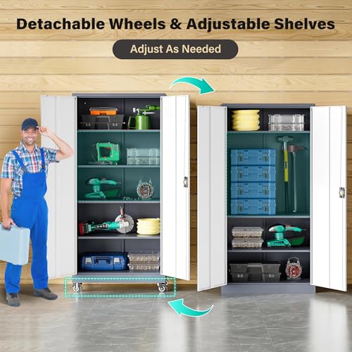 75" Tall Metal Storage Cabinet with Wheels (75"H x 31.5"W x 16"D / Gray White)