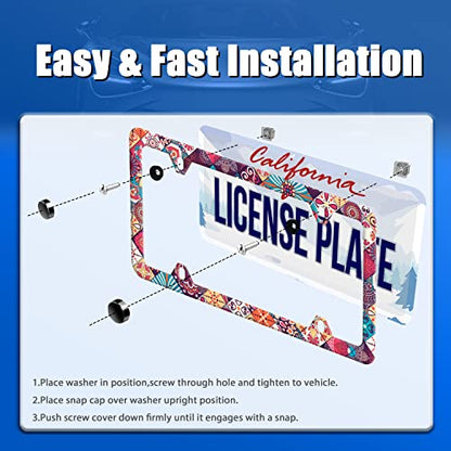 Boho Stitching Tile License Plate Frame Stainless Steel Accessory12.3x6.3In (Stitching Tile Boho Pattern)