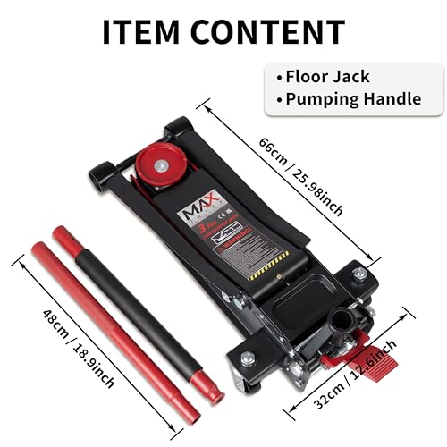 3-Ton (6600lbs) Low-Profile Dual Pistons Heavy-Duty Steel Racing Floor Jack with Quick Lift Hydraulic Pump, Foot Pedal and Magentic Pad for Car Maintenance (Red)
