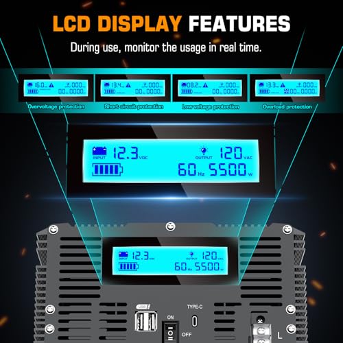 5500 Watt Power Inverter 12V DC to 110V 120V Converter for Family RV Off Grid Solar System Car with Type (12v-5500w)