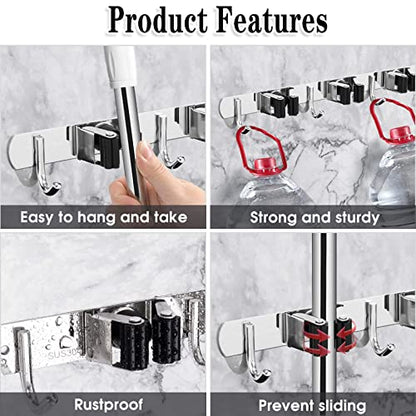 Broom Holder Wall Mount (3 Racks & 4 Hooks (Silver) - 1 Pack)